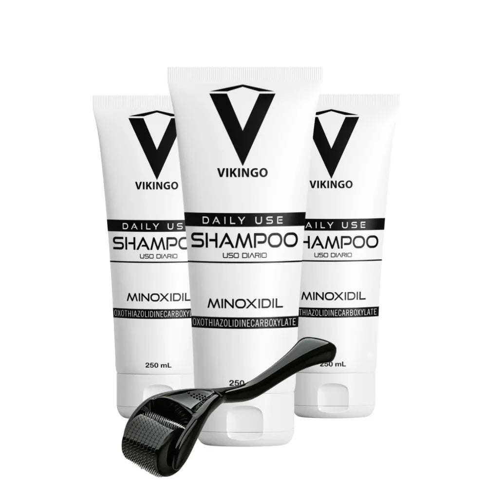 PACK X3. SHAMPOO CON MINOXIDIL + DERMAROLLER